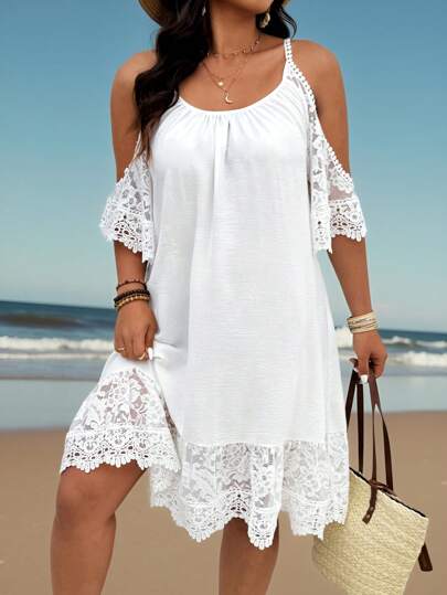 Breezaya Plus Size Contrast Lace Ruched Fabric Off The Shoulder Short Sleeve Lace Strap Crew Neck Hem Lace Trim Casual Vacation Midi Dress