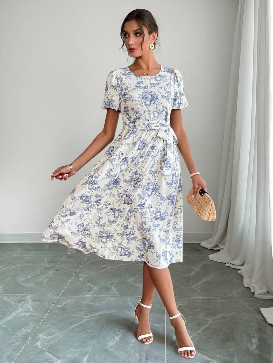 EMERY ROSE Damen Lässig Urlaubsstil Kleid mit Blume Muster und Rundhalsausschnitt, Kurzarm - Babyblau - Übersicht 1