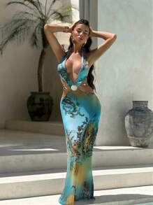 Swim SXY Women Halter Neck Backless Sexy Pearl Shell Pendant Bikini Cover Up For Summer Beach Vacation - Cadet Blue - View 3