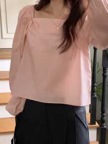 DAZY Blusa ajustada con cuello cuadrado y lazo delantero, top rosa para primavera/verano, con volantes, ropa de otoño