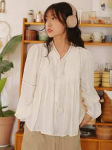 DAZY Áo sơ mi dài tay họa tiết hoa Mori tối giản, giản dị dành cho nữ - Màu be - Xem 7