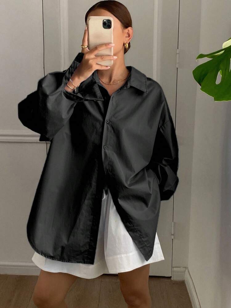 Plain Loose Long Sleeve Collared Back-Slit Tied Bow Casual Women Blouse, Spring,Fall Clothes