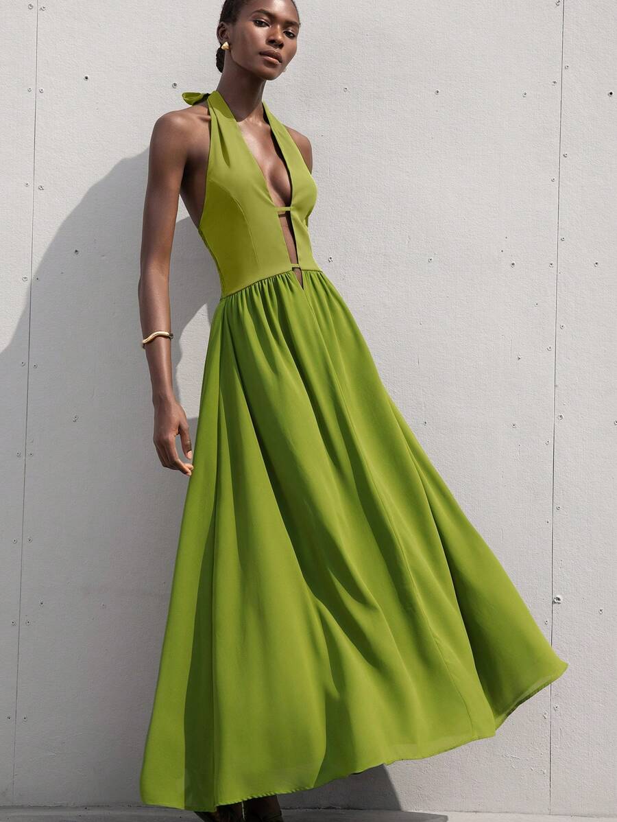 Aveloria Modichic New French Fashion Elegant Resort Atmosphere Woman Beach Premium Deep V Hollow Design Halter Tie Shoulder-Baring Sleeveless Cinched Waist Slim Fit Backless Chiffon Dress - Green - View 1