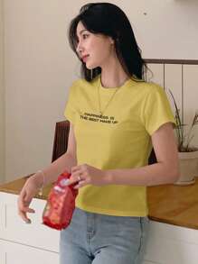 DAZY 女士圆领口号印花短袖休闲 T 恤夏季 - 黃色 - 查看 3