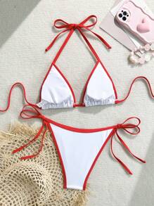 SHEIN Swim 2 件套女士简约水果印花露背短款上衣和系带侧泳衣套装，沙滩装 - 紅白色 - 查看 2