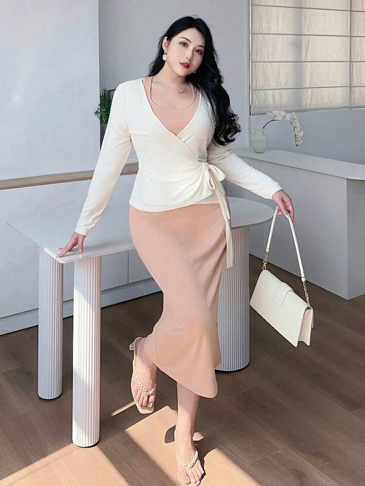 Dazy Plus Plus Size 1 Set Of Solid Color Wrap Neck Slim Long Knitted Dress & Over-Top 2 Pieces Outfit Lounge Sets For Women