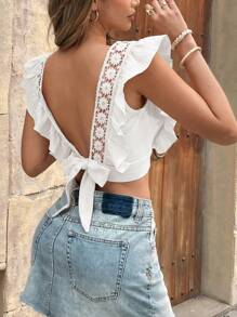 SHEIN Frenchy Women's Sexy Solid Color Backless Cap Sleeve Cropped Blouse, Summer White Vacation Holiday Resort - White - View 9