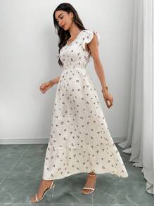 EMERY ROSE Women's Boho Cherry Print Long Dress With V Neck, Cap Sleeves, And Ruffle Hem Detail
