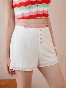 SHEIN LUNE Women's Casual Minimalist Beach Holiday Elegant Contrast Color Design Frill Trim Shorts - White - View 3