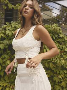 Aralina Women Vacation Casual Solid Color Criss-Cross Tie Back Crop Tank Top - White - View 8