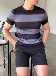 SHEIN 青少年男孩黑灰条纹宽松T恤和黑色短裤套装，休闲学院风，舒适百搭，适合日常穿着、上学、郊游、运动、海滩度假 - 彩色 - 查看 6