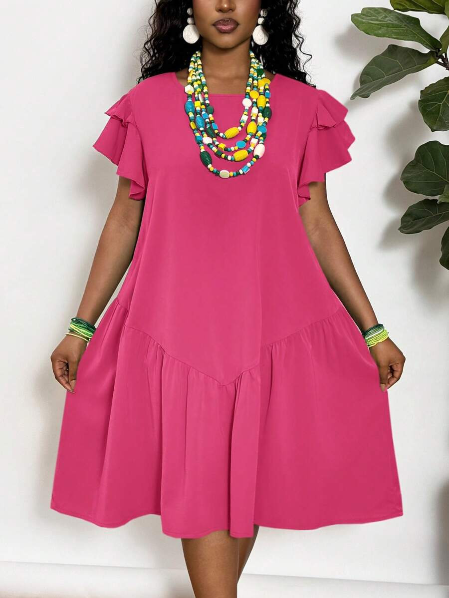 Slaydiva Váy dài đến đầu gối, cổ chữ V, viền bèo nhún, cỡ lớn, màu xanh lá cây, phong cách nghỉ dưỡng cho mùa xuân và mùa hè - Màu Hồng Tươi - Xem 1