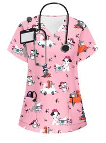 PopScrub Cartoon Print Short Sleeve Scrub Uniform Top Women Summer Tops Scrub Tops For Women Scrub Sets For Women Scrubs Scrub Sets Scrubs For Women,Women's Fashion Casual Sports Scrub Tops, Business Women Clothing, Women's Summer Tops Multi-Occasion Wear Versatility, Women's Summer Beach Shirts,Tops With Cute Puppies, Bees, Insects, Kittens, Flowers, Grass, Trees, Hearts, Clouds, Ice Cream, Donuts, Butterflies, Starfish, Tie-Dye And Other Printed Patterns