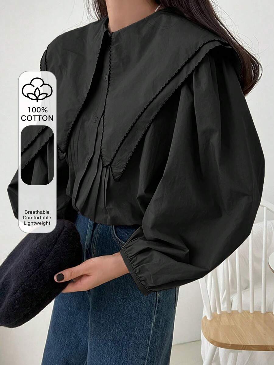 DAZY 女士纯色翻领简约长袖衬衫，秋装 - 黑色 - 查看 1