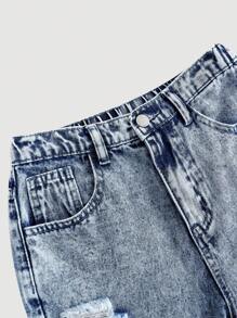 SHEIN Girlism 少女蓝色牛仔宽松直筒破洞牛仔裤 - 淺色水洗藍 - 查看 3