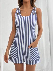 SHEIN Essnce Mono informal de mujer sin mangas con diseño de botones a rayas - azul real - Ver 4