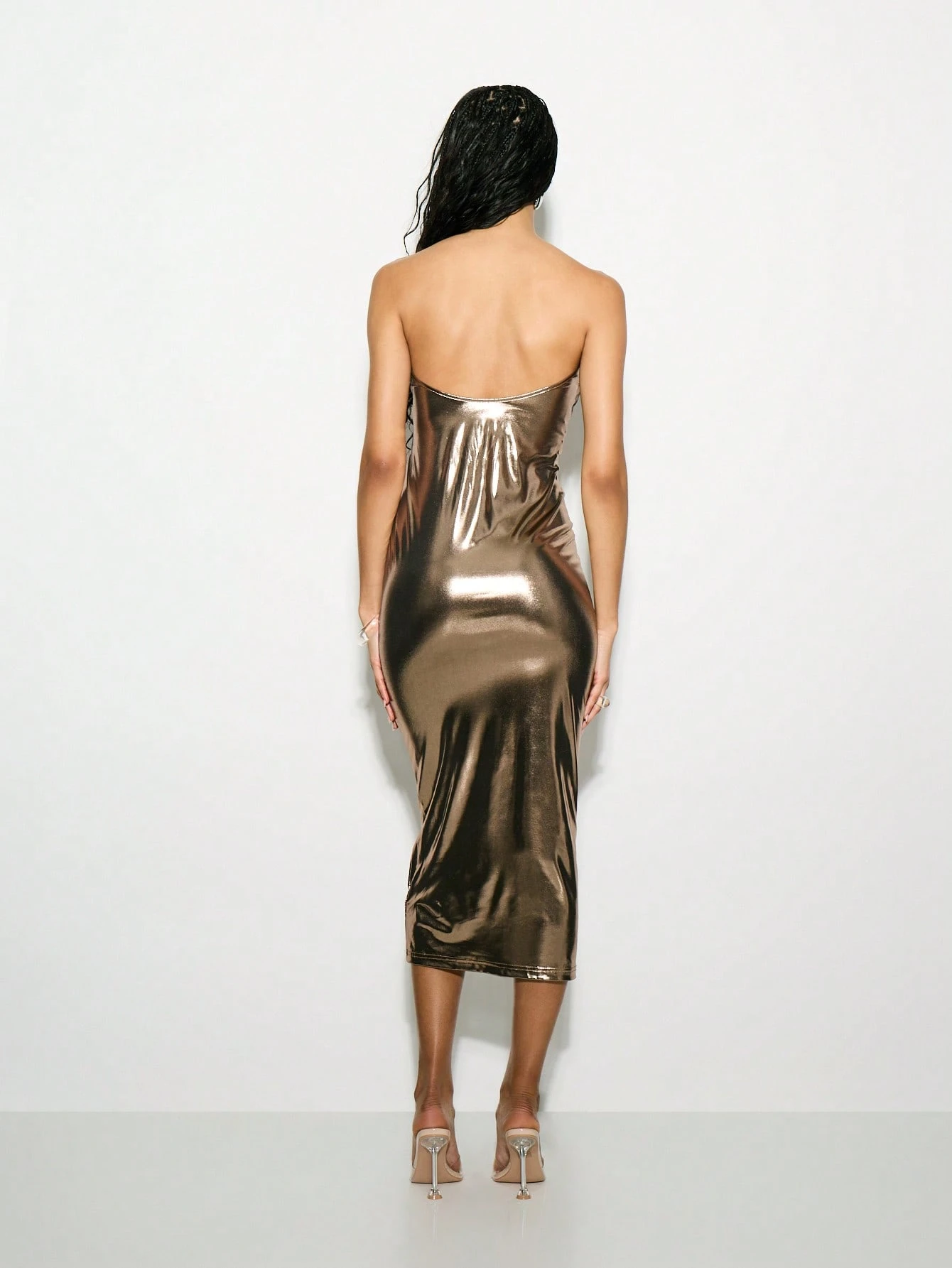 KIZN Strapless Metallic Bodycon Midi Dress