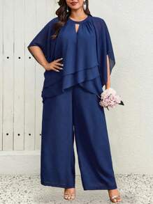 SHEIN Belle 2pcs Plus Size Chiffon Multi-Layer V-Neck Short Sleeve Blouse + Straight Loose Pants Casual Outfit For Work - Navy Blue - View 5