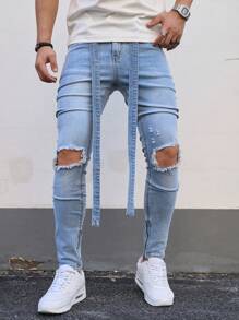 Manfinity LEGND Men's Distressed Light Wash Denim Jeans: Streetwear Style Ripped Knees Zipper Details And Drawstring Waist For A Casual Look - Light Wash - View 4