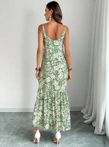 EMERY ROSE Women's Boho Green Floral Print Long Dress With Spaghetti Straps And Ruffle Hem - Green - View 2