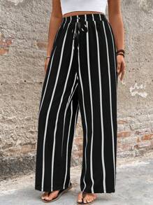 Vionelle Plus Size Vintage Textured Black White Striped Casual Wide Leg Pants, Fashionable & Versatile Fall Cloth For Women - Black - View 1