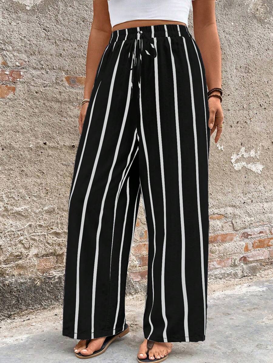 Vionelle Plus Size Vintage Textured Black White Striped Casual Wide Leg Pants, Fashionable & Versatile Fall Cloth For Women - Black - View 1