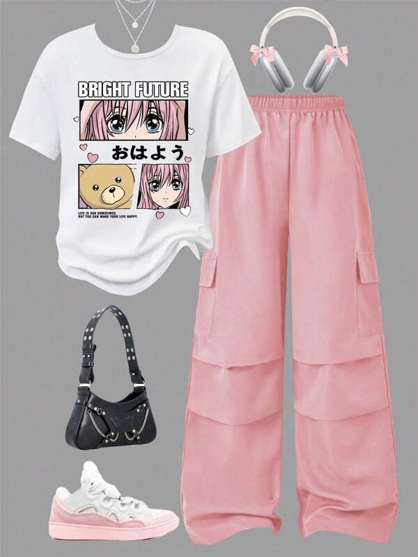 SHEIN 2pcs/Set Teenager Girls Casual Anime Girl Graphic T-Shirt And Wide-Leg Cargo Pants Suit Summer Holiday