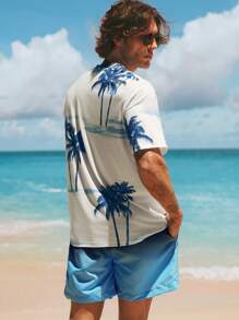 Manfinity VCAY Men's Casual Palm Tree Print Knit Crew Neck T-Shirt, Suitable For Summer