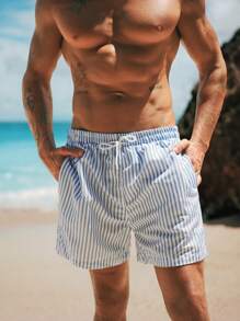 Manfinity BRENVOR Men Blue & White Striped Casual Beach Shorts, Quick-Drying Swim Trunks For Holiday