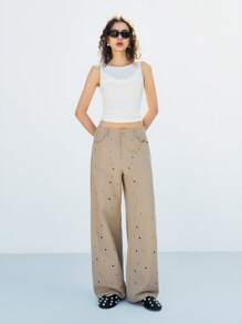 LYSMO Women's Loose Fit Wide Leg Eyelet Twill Pants