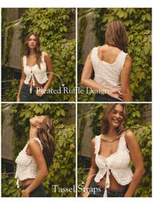 Aralina Summer Vacation Boho Ruffle Trim Pintuck Detail Front Tie Sleeveless Bustier Top