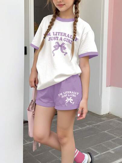 SHEIN Leap Crew Tween Girls Casual Simple Short Sleeve Top And Shorts 2 Pieces Set, Suitable For Summer