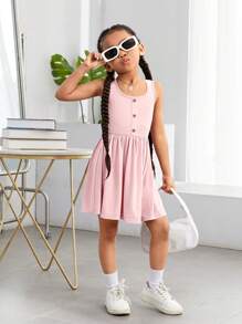 SHEIN Vestido sin mangas de punto de unicolor para uso casual diario de niñas, para primavera y verano