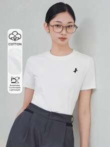 DAZY Old Money Embroidered Pattern Loose Fit Short Sleeve Round Neck Women T-Shirt, Casual Spring/Summer,Business Casual Women - White - View 1