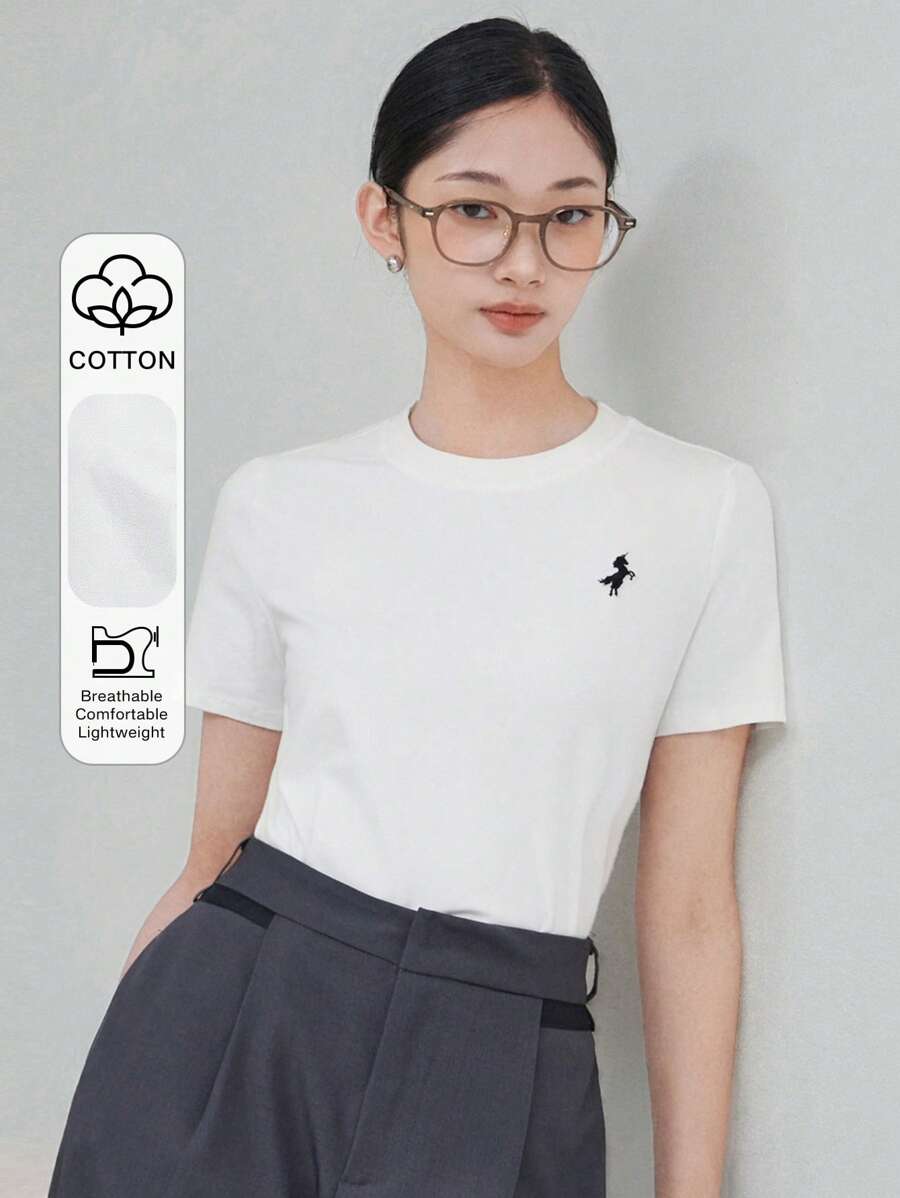 DAZY Old Money Embroidered Pattern Loose Fit Short Sleeve Round Neck Women T-Shirt, Casual Spring/Summer,Business Casual Women - White - View 1
