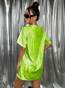 SHEIN ICON 女式霓虹绿超大偏光涂层T恤连衣裙 - 綠色 - 查看 2