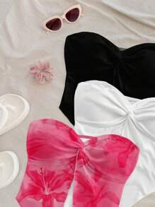 Soleia 3pcs Women's Vacation Style Floral Print Twist Hem Top Set, Includes Pink Tropical Flowers & Orange Tie-Dye Pattern, Suitable For Spring/Summer Getaways Tube Top Suitable For Going Out - Multicolor - View 3