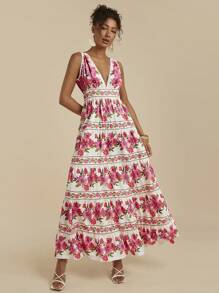 Travachic Urlaubs V-Ausschnitt Blume Muster Rüschen A-Linie romantisches Kleid für Frauen