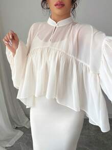 Selianne 2 件女式新款中国风雪纺罩衫 - 飘逸立领防晒披肩上衣和轻质罩衫，适合夏季和裙子 - 白色 - 查看 5