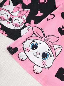 SHEIN Dozemod 女婴两件套可爱卡通猫咪图案圆领短袖针织睡袍套装，夏季 - 彩色 - 查看 3