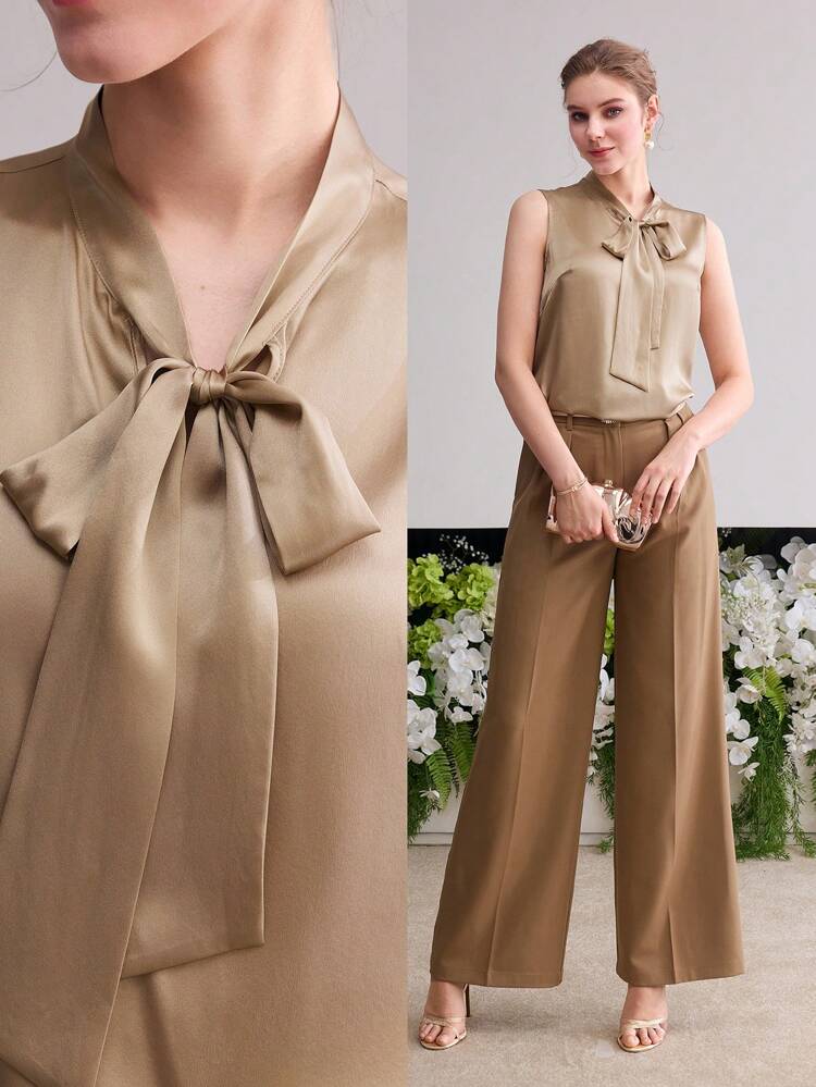 100% SILK TIE NECK SLEEVELESS BLOUSE, SPRING SUMMER SATIN BLOUSE