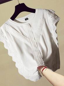 SHEIN LUNE Camiseta versátil de manga corta, cuello redondo, con estampado floral y tela lisa para mujer de talla grande, para primavera/verano