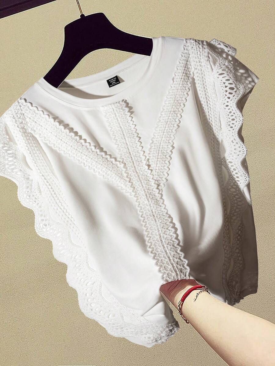 SHEIN LUNE Camiseta versátil de manga corta, cuello redondo, con estampado floral y tela lisa para mujer de talla grande, para primavera/verano