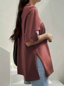 DAZY Women's Round Neck Letter Patched Short Sleeve T-Shirt Summer - Red Violet - View 6