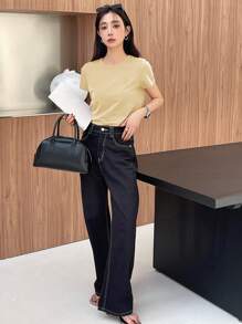 DAZY 夏季休闲纯色心形刺绣短袖T恤女士商务休闲 - 米色 - 查看 5