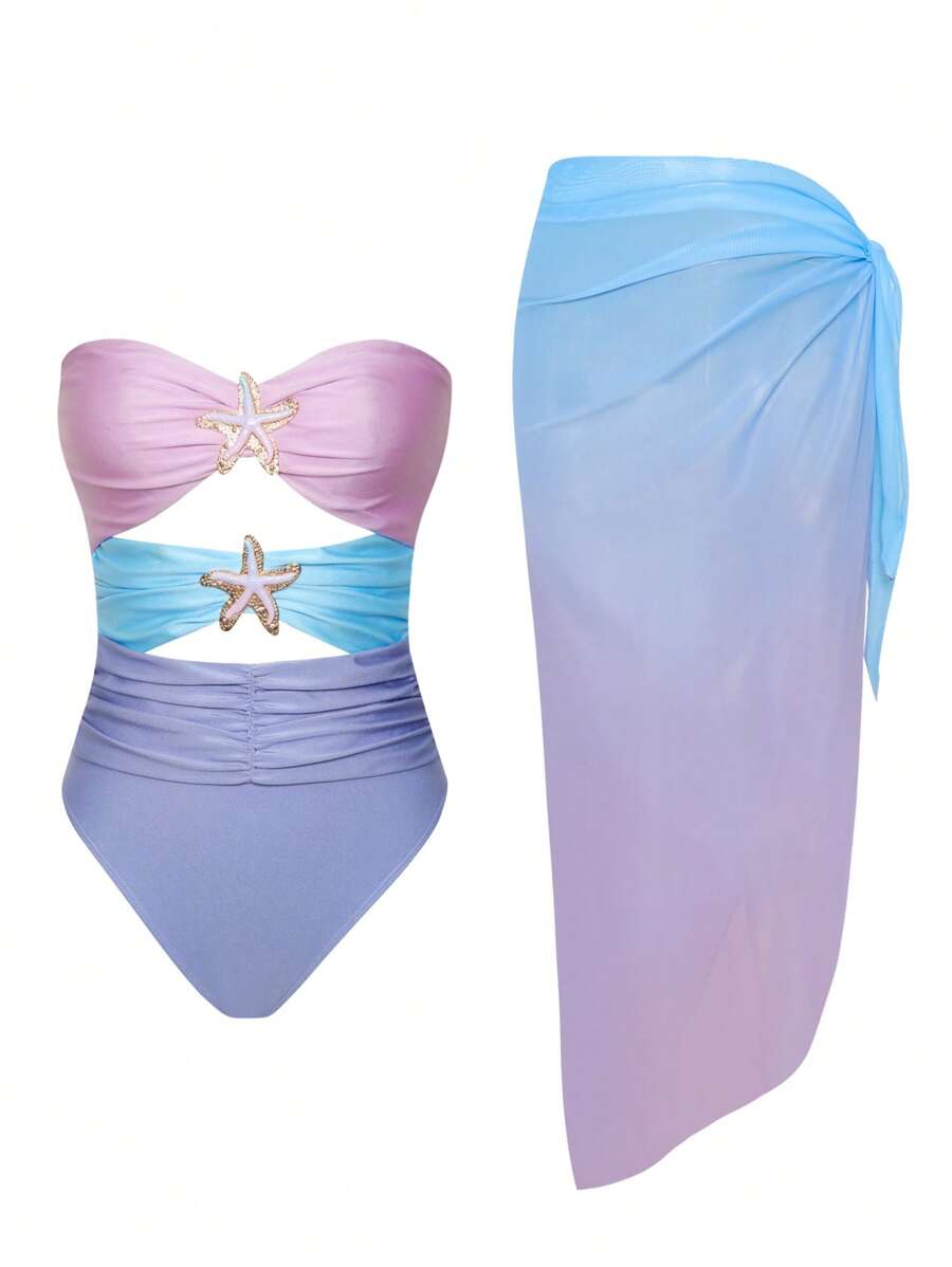 Swim Oasis 女士性感露背镂空拼接彩色海洋金属装饰连体泳衣搭配渐变色网眼裙两件套沙滩套装，春夏 - 彩色 - 查看 1