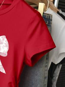 Tween Girls' Simple Versatile Pink Bow Print Short Sleeve T-Shirt