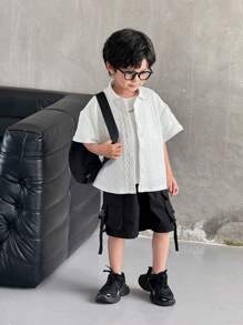 SHEIN Tween Boy Casual Textured Fabric Short Sleeve Single Breasted Shirt