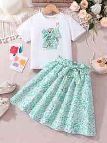 青春期前女孩可爱蝴蝶装饰图案 T 恤和碎花裙 2 件套装，可爱休闲风格适合度假、春季郊游、日常穿着 - 薄荷綠 - 查看 1
