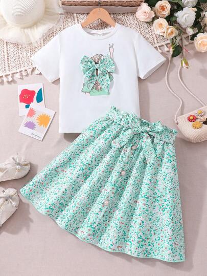 青春期前女孩可爱蝴蝶装饰图案 T 恤和碎花裙 2 件套装，可爱休闲风格适合度假、春季郊游、日常穿着
